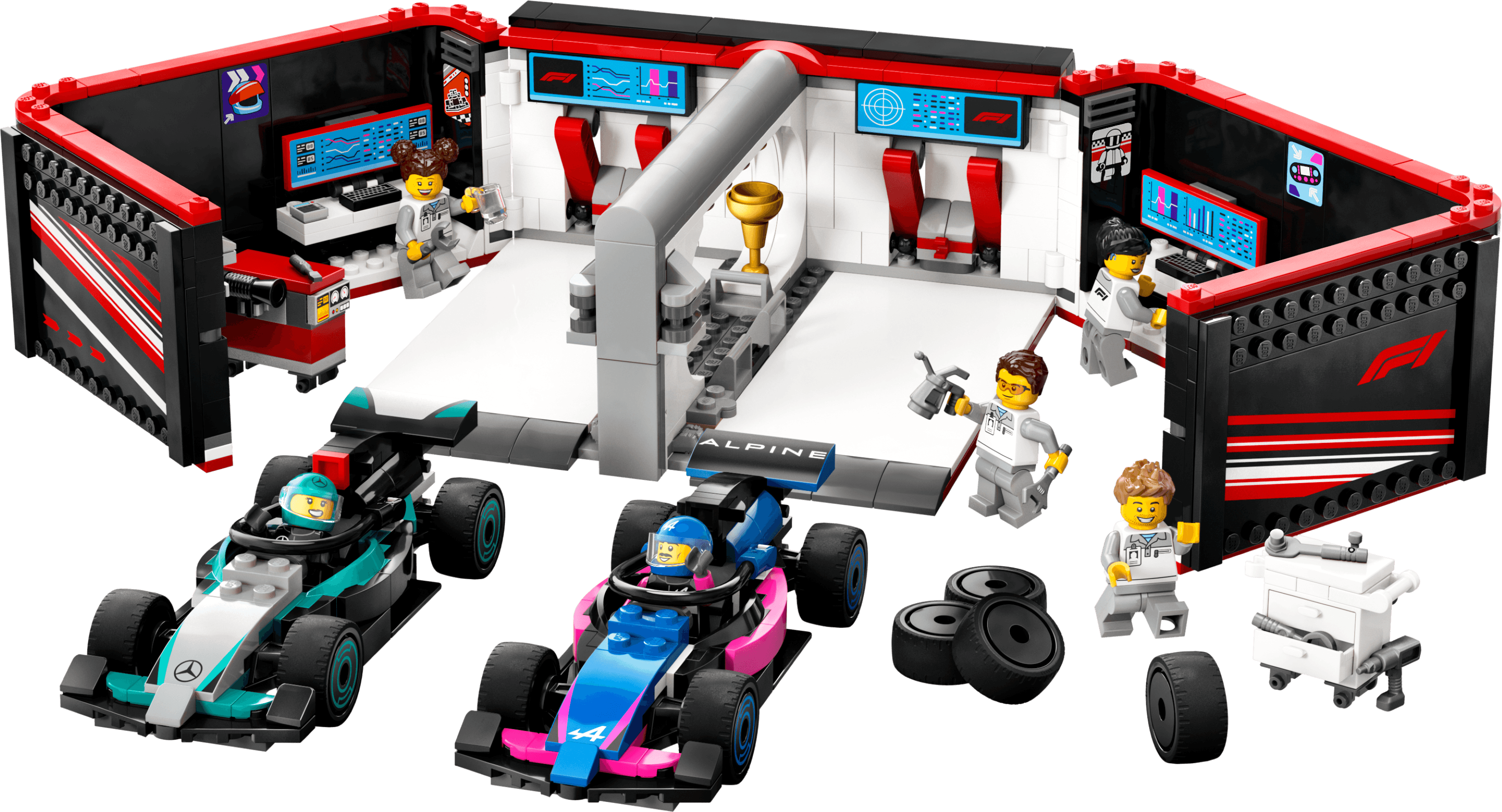 LEGO sættet F1 Garage & Mercedes-AMG & Alpine Cars