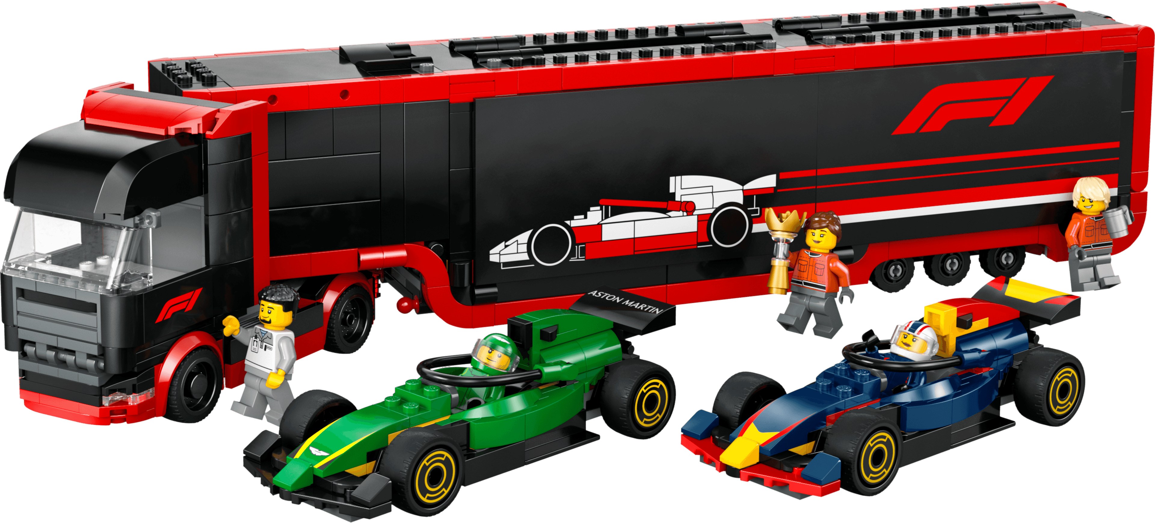 LEGO sættet F1 Truck with RB20 & AMR24 F1 Cars