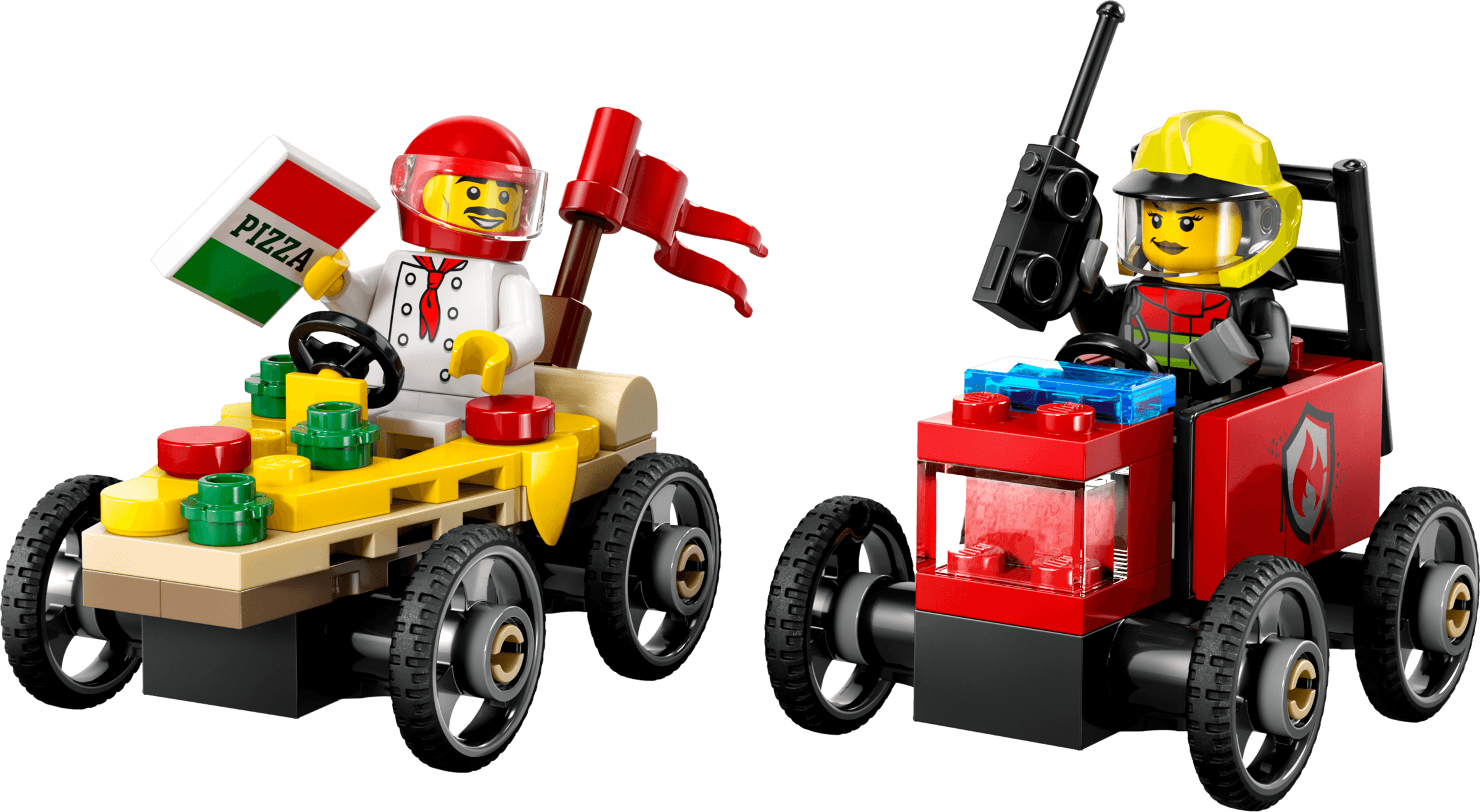 LEGO sættet Pizza vs. Fire Truck Race Car Pack